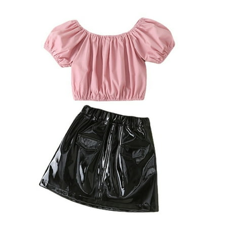 

ASEIDFNSA Toddler Skirt Set Athletic Wear for Teens Toddler Suit Summer Girl S Bubble Short Sleeve Pink Tops Pu Black Short Skirt 2Pcs Suit Outfits