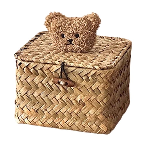 Brown Handmade Woven Rattan Storage Basket With Lid For Cosmetics And Miscellaneous Desktop Seaweed Woven Storage Box With Lid
