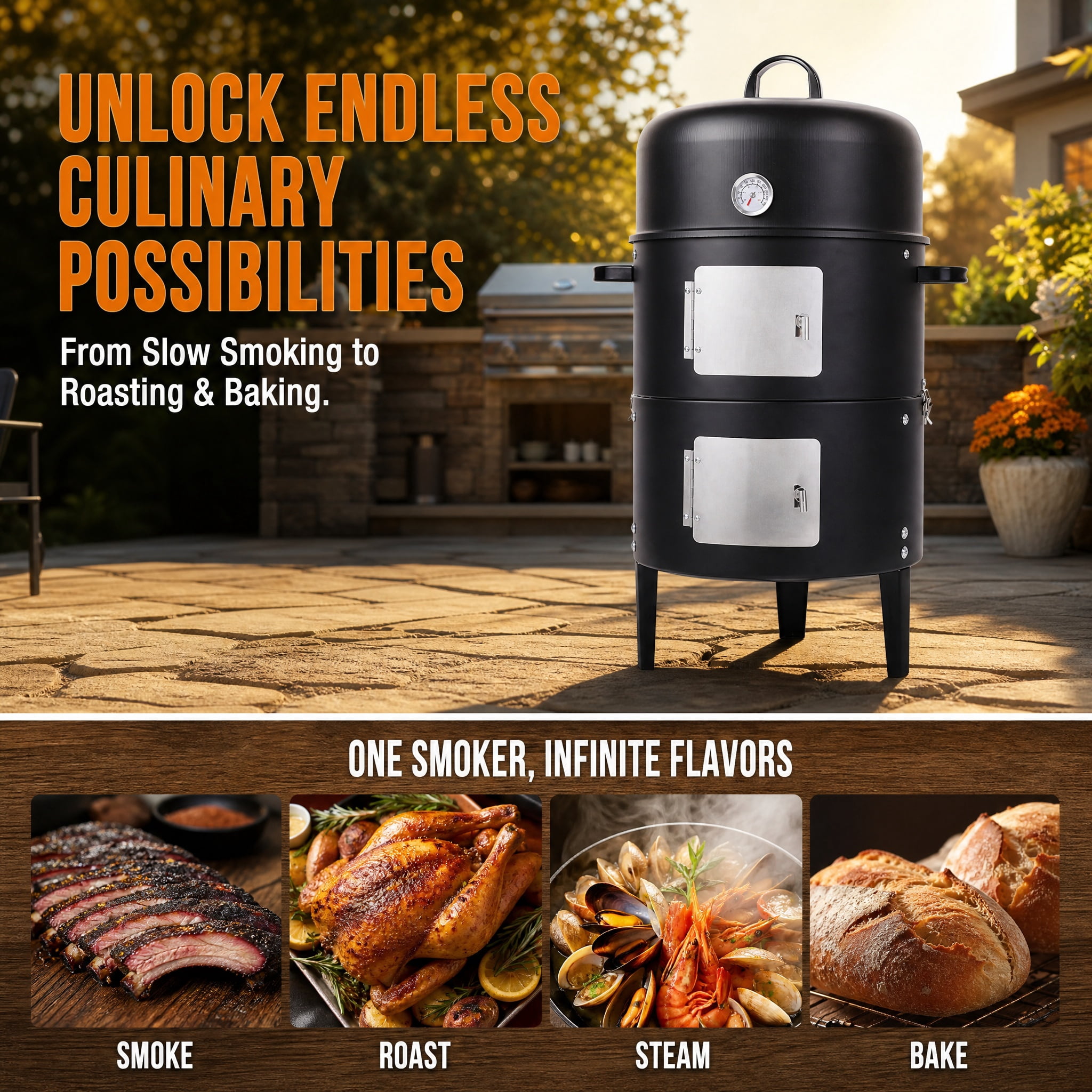 17 Inch Heavy Duty Round Charcoal Smoker BBQ Grill Outdoor Cooking Grill with Temperature Control Dual Doors Black
