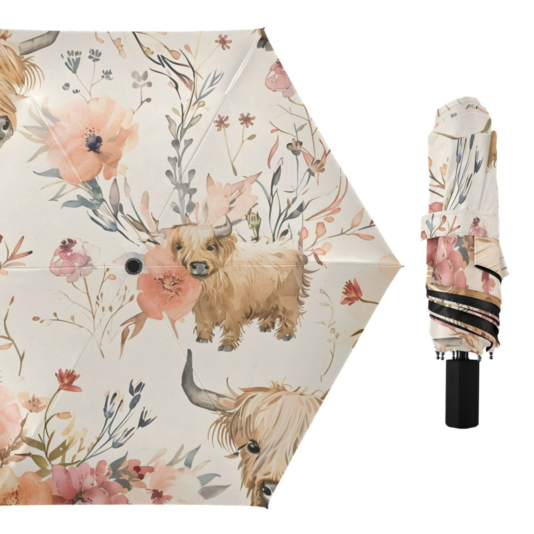 ALAZA Cute Highland Cows UPF 50+ Compact Folding Umbrella for Rain Travel Umbrella Packable