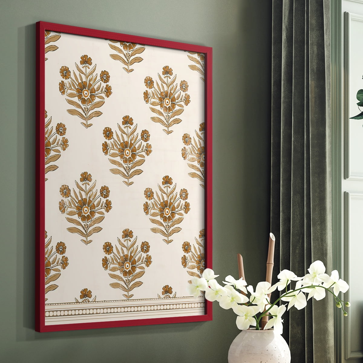 Block Print Blooms I Framed Print in Red Solid Wood Framed Print No Nail Hanging