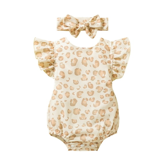 hirigin 2 Pcs Newborn Summer Outfits, Toddler Backless Leopard Print Fly Sleeve Round Neck Bodysuit + Bow Headband