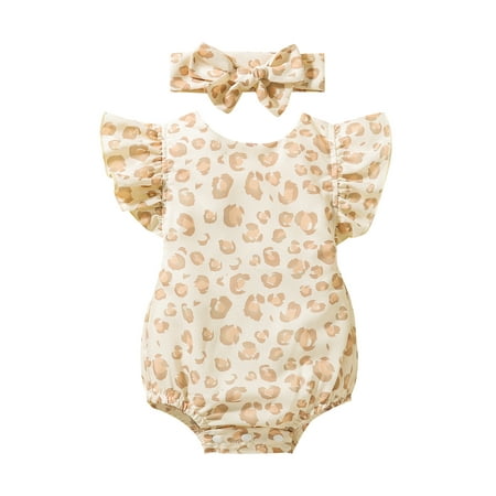 

Sunisery 2Pcs Newborn Baby Girls Summer Outfits Backless Leopard Print Fly Sleeve Round Neck Bodysuit + Bow Headband Apricot 0-6 Months