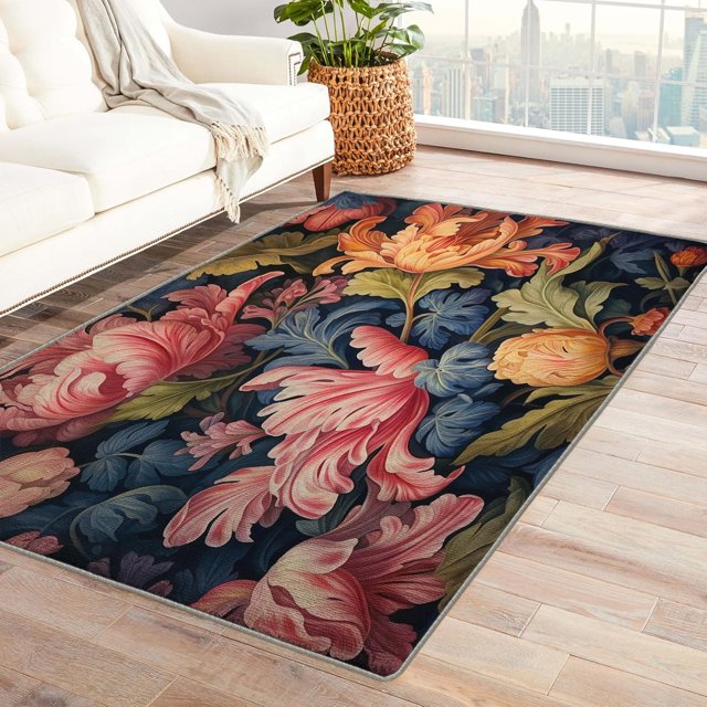 Red Lily Area Rug 4x5, Colorful Flower Rugs for Bedroom Living Room, Lily Carpet, Machine Washable Rug, Non Slip soft Low Pile Rugs Home Decor, Tropical Leaves