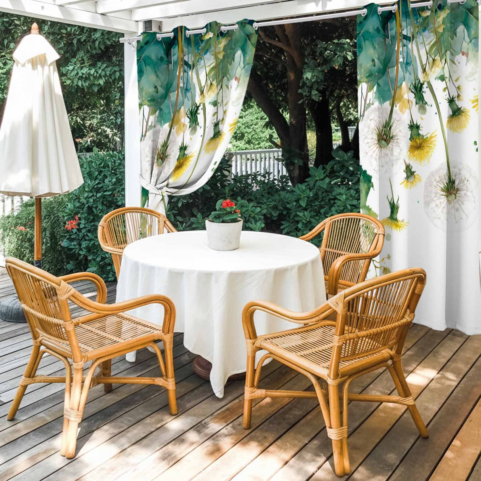 White Dandelions Outdoor Curtains for Patio, Summer Botanical Yellow Flower Green Leaf Farmhouse Sunshade Privacy Drapes Grommet Waterproof Outside Curtains for Porch/Cabana/Balcony 54"x108", 1 Panel