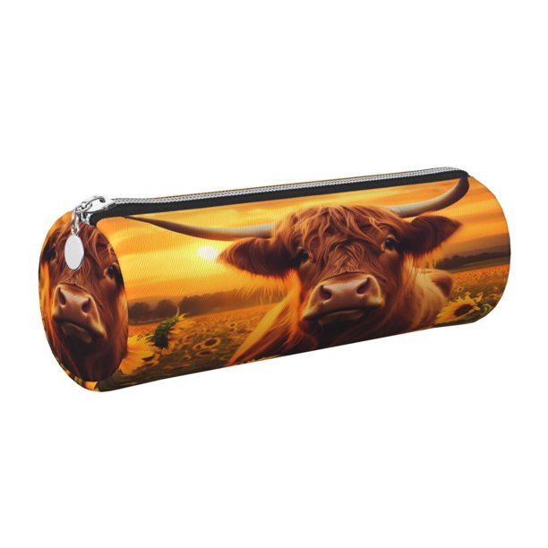 Easygdp Vintage Sunflower Cow A para Estuche de Lápices Cilíndrico de Cuero con Cremallera, Organizador de Lápices de Cuero para Escuela, Oficina y Viajes