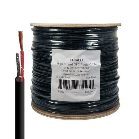 Speaker Wire Audio Cable 16/2 AWG In-Wall Outdoor Direct Burial UV Black 500ft