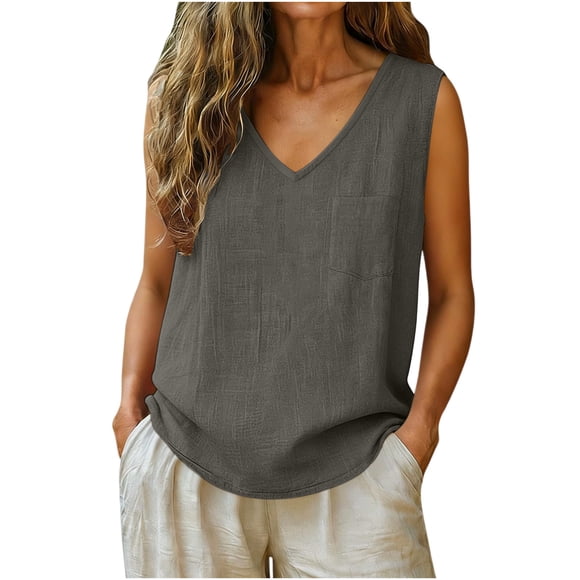 yardsong Linen Shirt Women Loose Causal Tank Tops V Neck Sleeveless Summer T Shirts Beach Vacation Gauze Shirts with Pocket Gray,S