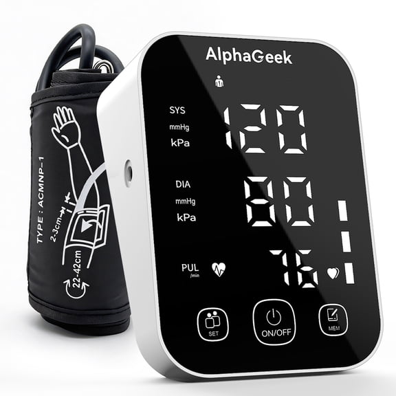 AlphaGeek Blood Pressure Monitor Rechargeable Upper Arm BP Machine for Home Use Adjustable Cuff 8.6"-16.5" Dual User Large LCD Display