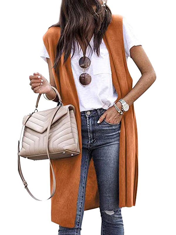 Women Solid Color Sleeveless Long Vest 