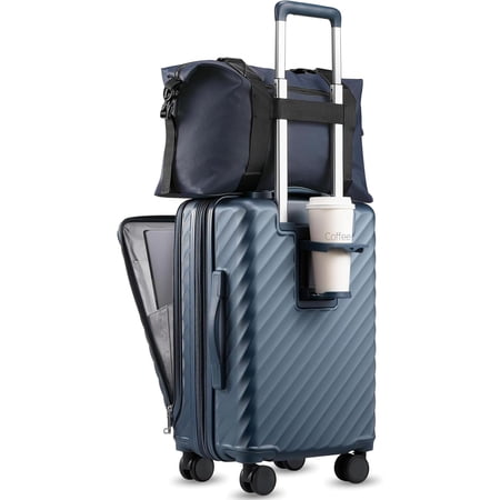 Carry Luggage with Front Compartment and Cup Holder, KVF Expandable PC Hard Shell Suitcase with Front Pocket (FX-Plus, Midnight Blue, 2- (20/Tote))