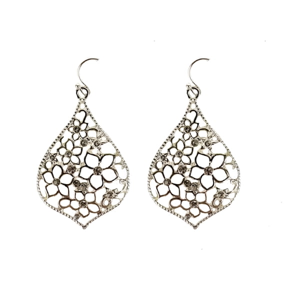 DESIGNICE Silver-Tone T-Drop Flower Earrings Silver Dangle Earrings