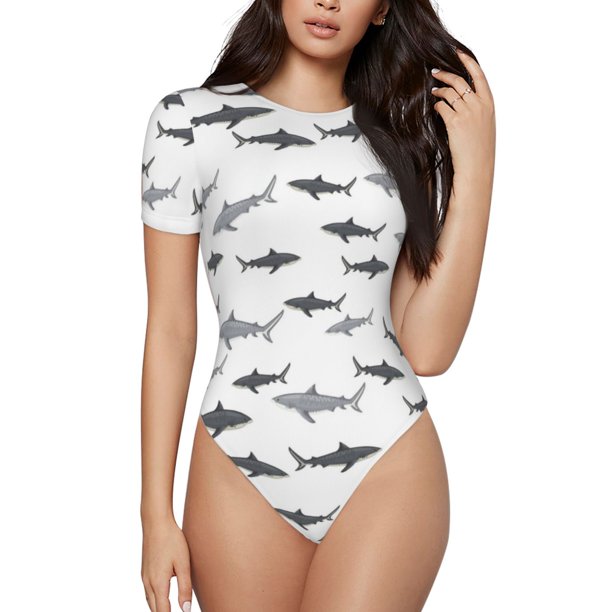 Balery Cute Shark Body de cuello redondo de manga corta para mujer Tops de manga corta Tops básicos-X-Large