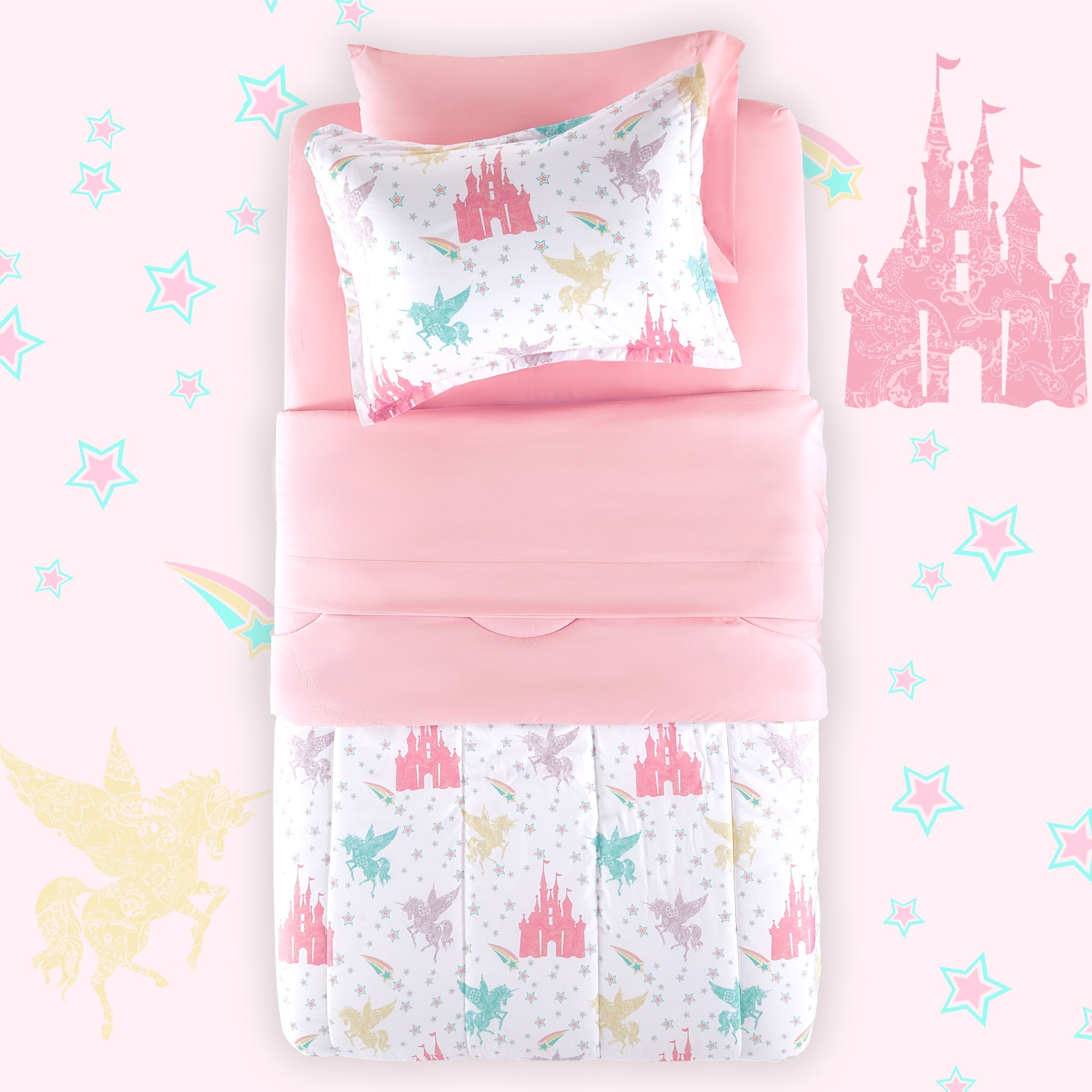 Sonive Twin Kids Comforter Set, 5 Pieces Super Soft and Fluffy Bedding Set, Pink Castle