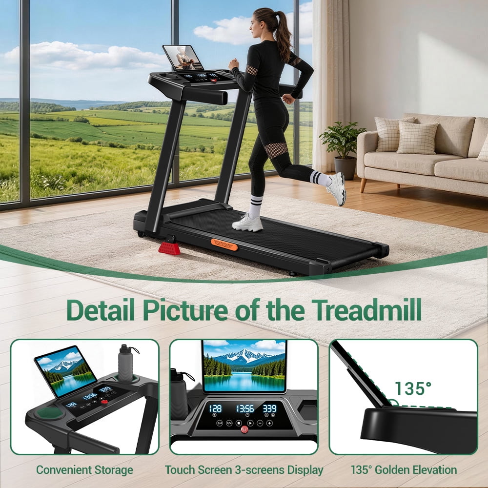 SONITU 4-in-1 Treadmill with 15% Incline and Three Touch Screen, Foldable Portable with Handle for Home/Office, 300 lbs Capacity