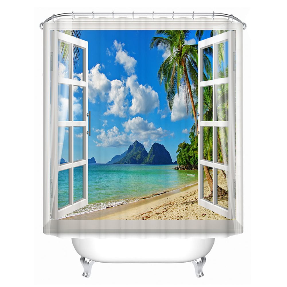 Tropical Beach Shower Curtain Summer, By The Sea Bathtub Scene