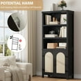 thumbnail image 4 of Farmhouse Bookshelves with Rattan Doors, 70" Tall Cutlery Shelves with Three Tiers of Open Storage, Floor Standing Display Shelves, Bookcases for Home, Office, Living Room, Black, 4 of 7