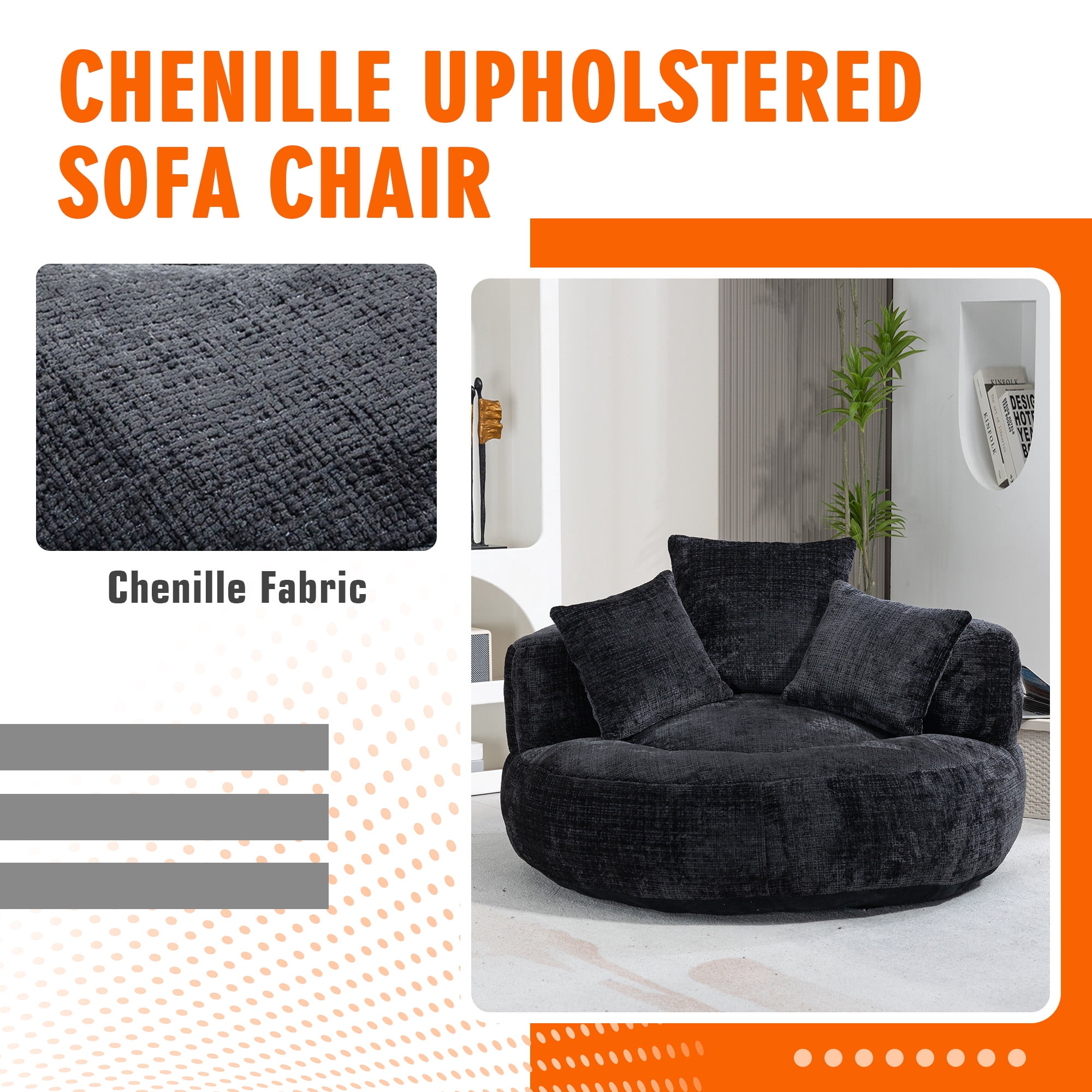 42.5''W Chenille Bean Bag Chairs, Chenille Soft Lazy Sofa Chair, Bean Bag Chair For Adults & Kids To Gaming,Reading,And Watching TV,Living Room, Bedroom,Office Room(Black)