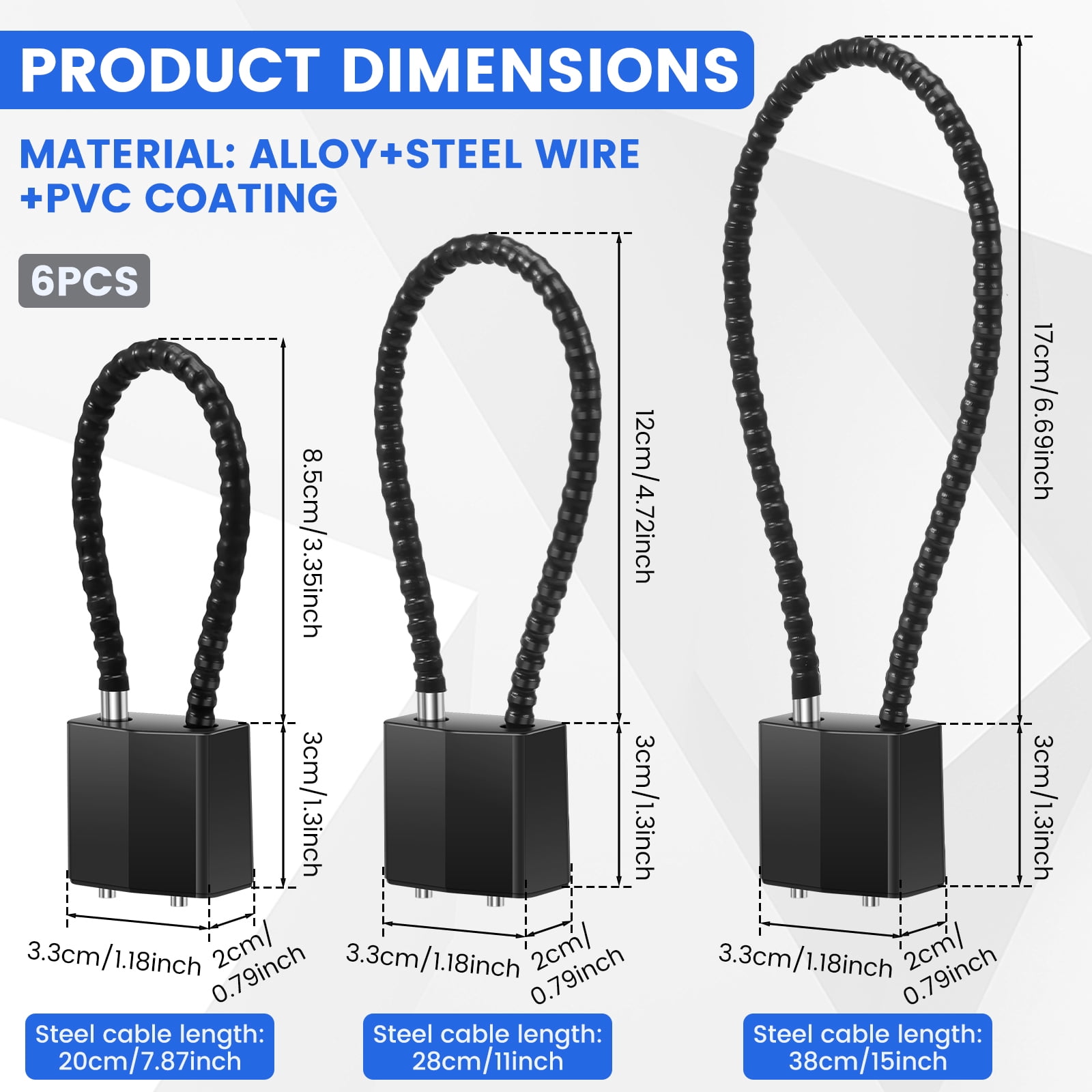 Pack of 6 Padlock with Key Tent Lock Black Keyed Alike Wire Lock Chain for Bike Tent Suitcase Helmet Basement Wheelie Bin Locker