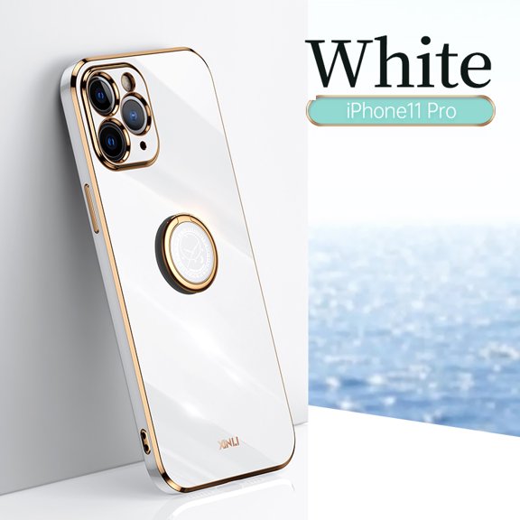 Cute Case for iPhone 12 Pro, iPhone 12 Pro Case 6.1 Inch, with Phone Ring Holder, Durable Silicone Case, Slim Fit Lightweight Thin Cover, Sturdy Anti-Scratch Protective Grip Stand Phone Case (White)