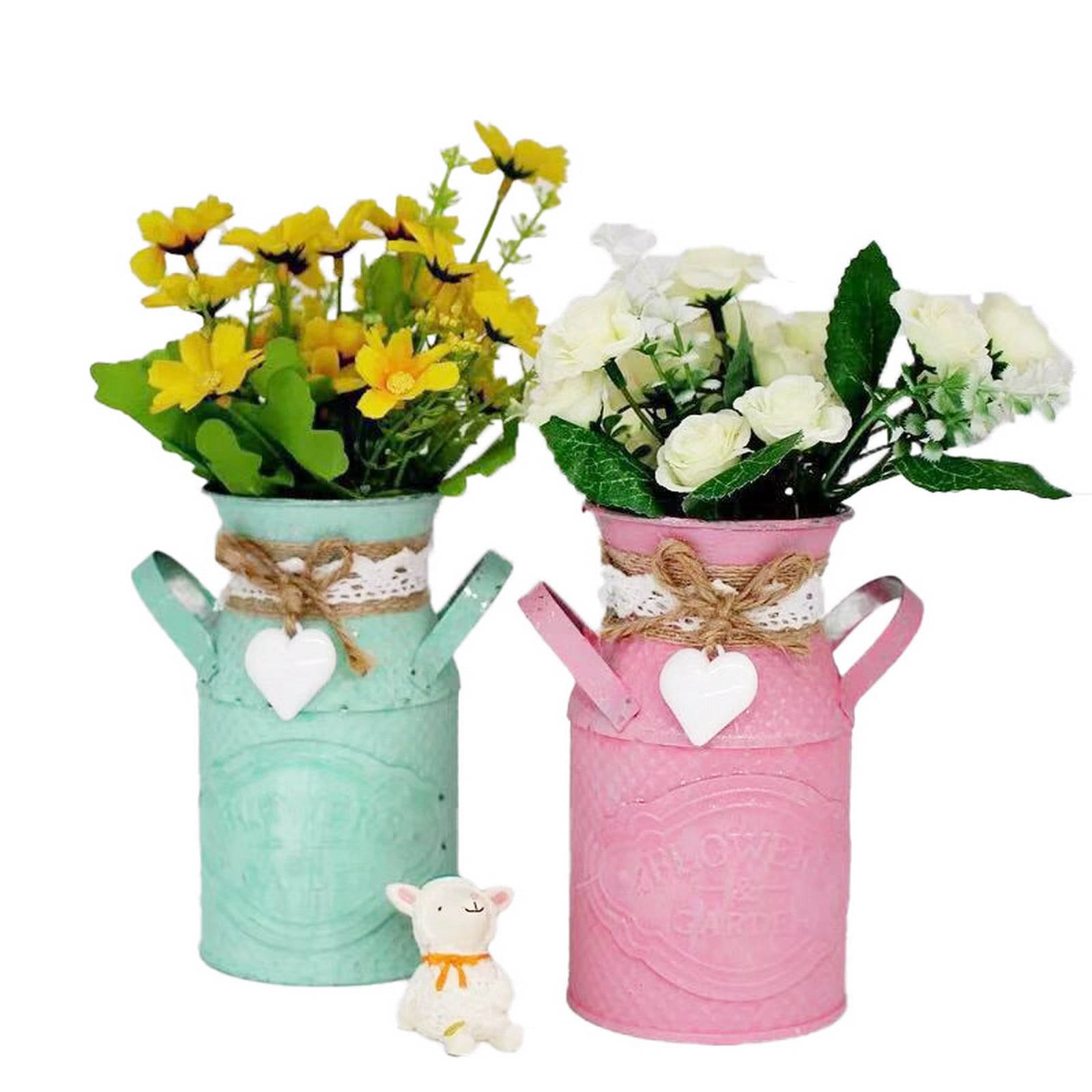 YARDWE 2pcs French Style Flower Vase Shabby Chic Milk Can Galvanized Metal Flowers Bucket Rustic Pitcher Jug Plant Container for Home Garden Farmhouse Decor 