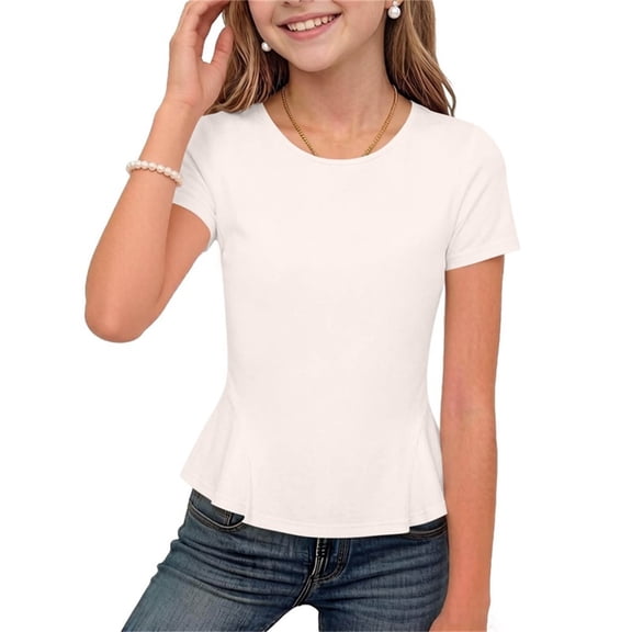 HAiming Girls Summer T Shirts Short Sleeve Ruffle Hem Classic Tee Vacation Workout Kids Tops Solid Color Casual Scoop Neck Blouses