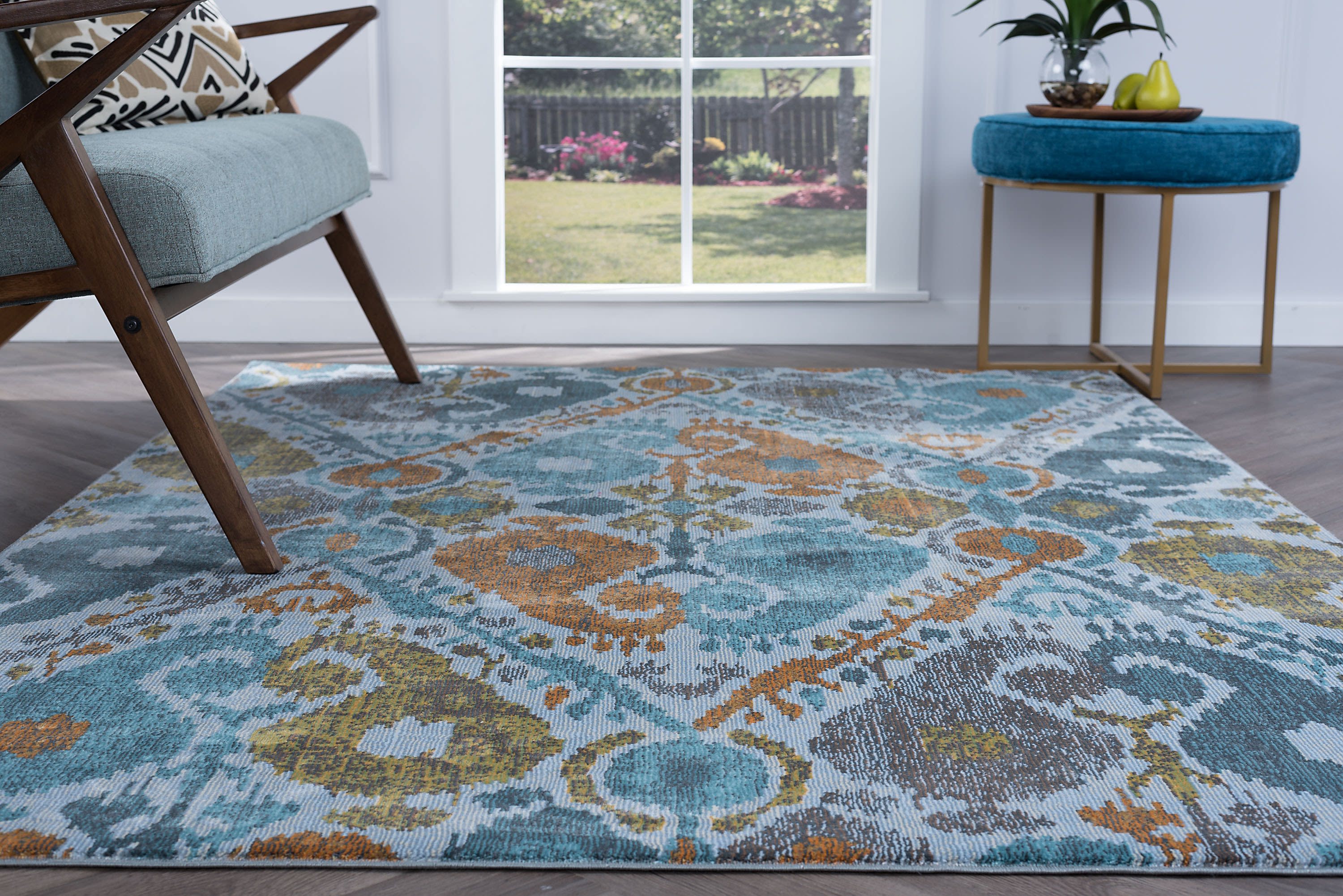 Transitional 8x11 Area Rug (7'10'' x 10'3'') Abstract Aqua, Gold Living Room Easy to Clean