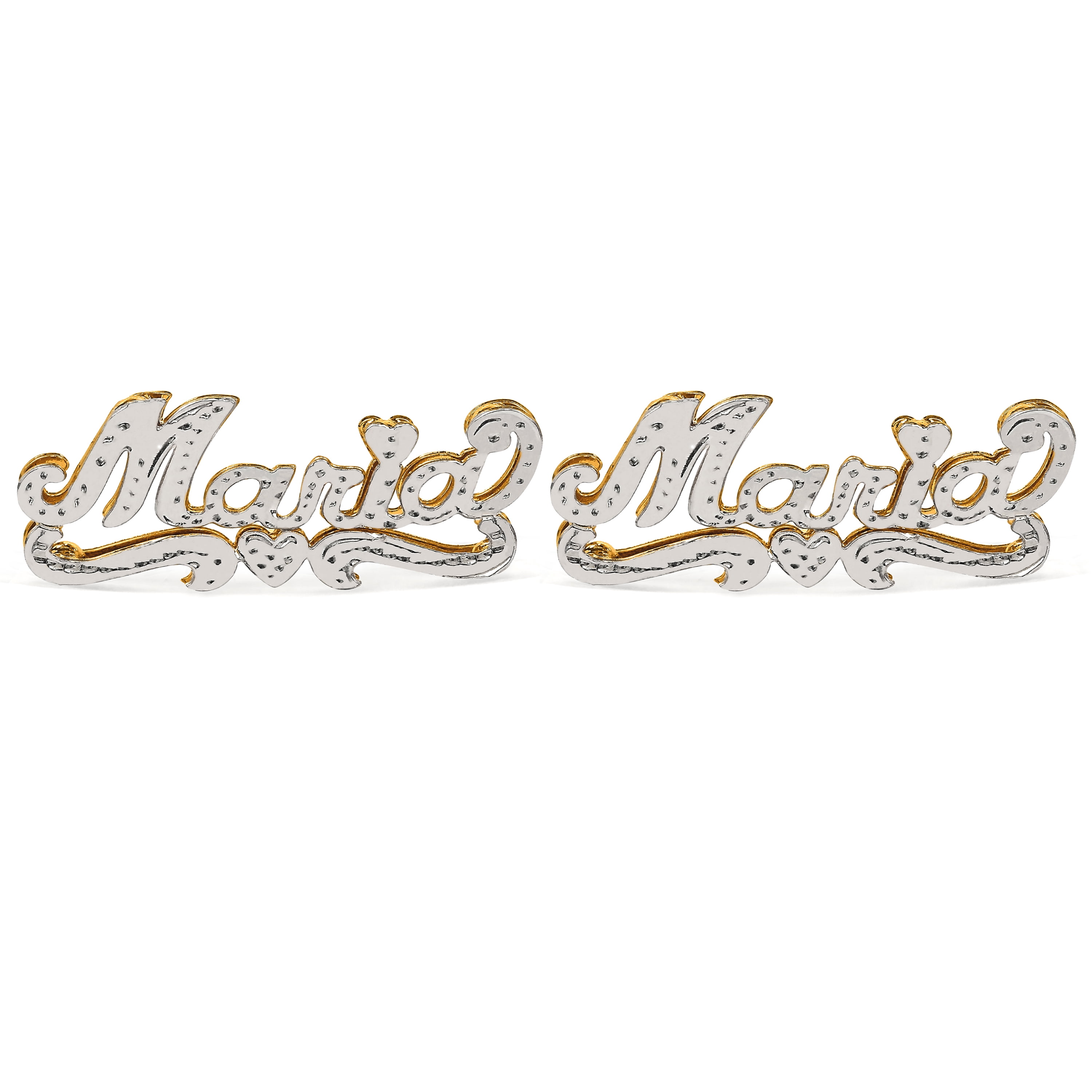 Personalized 14K Gold Over Sterling Silver Stud Name Earrings with Beading and Rhodium All Over The Name, Tail and Heart