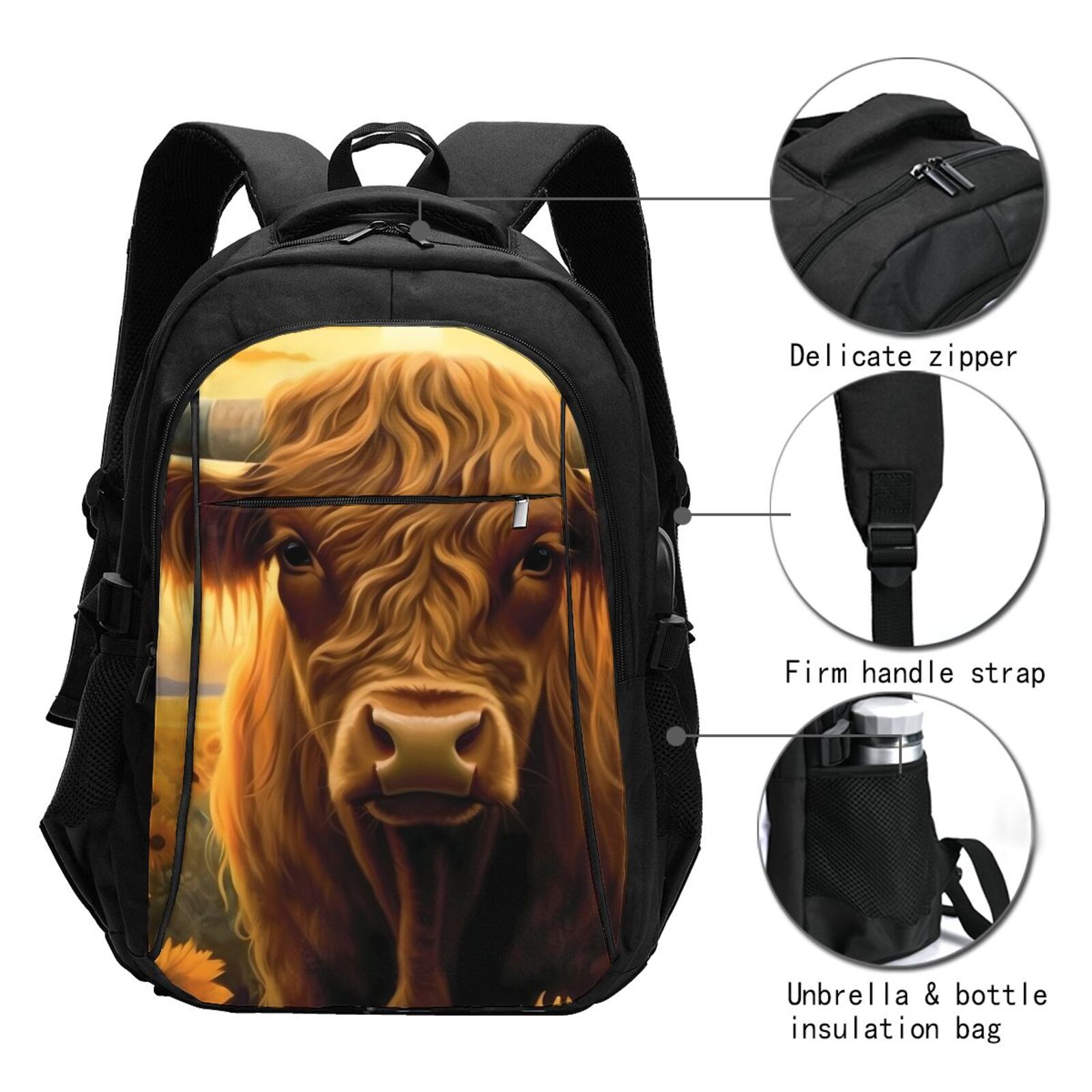 Vsdgher Sunset Sunflower Cow A Print Travel Laptop Backpack, Laptops Backpack with USB Charging Port, Water Resistant Computer Bag Gift for Men & Women