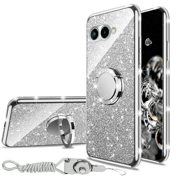for T-Mobile Revvl 8 5G Case with Ring Kickstand Lanyard Shockproof Protection Phone Case Cute Soft TPU Glitter Cover for Girls Women Men - Silver