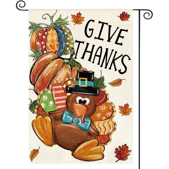 Thanksgiving Holiday Garden Flag 12x18 Double Sided, Turkey Pumpkin Give Thanks Yard Outdoor Decorative Flag