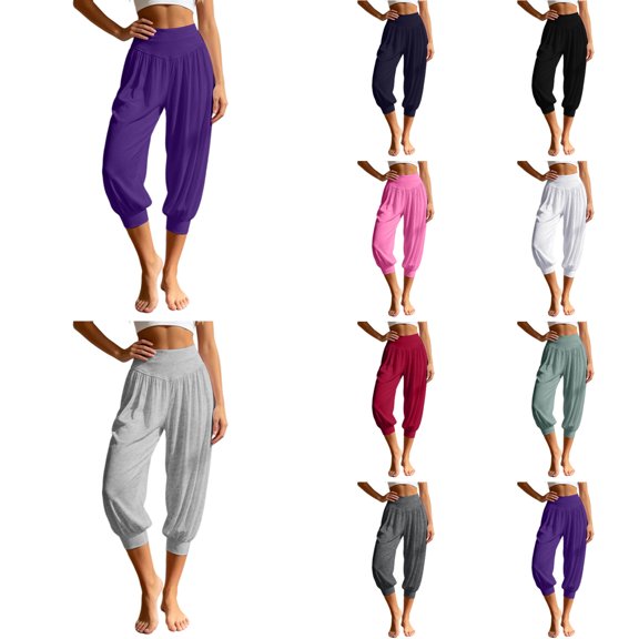 Arlun Women's Summer Tapered Leg Capri Pants Pleated Elastic High Waist Cropped Trousers Soft Comfortable Solid Color Harem Pant for Yoga Workout and Everyday Casual Wear 1-White XL