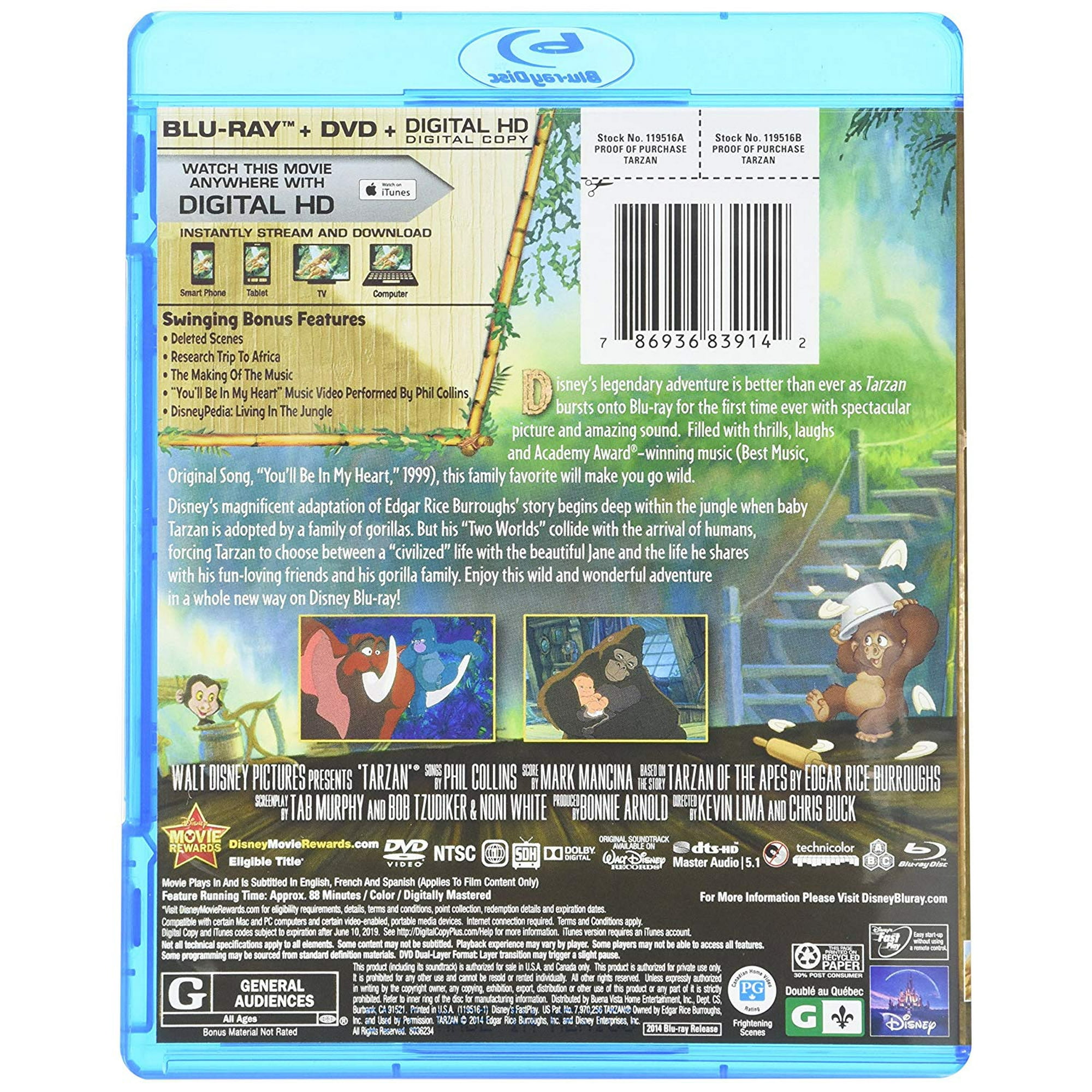 Tarzan Blu ray DVD Format Numerique HD Walmart