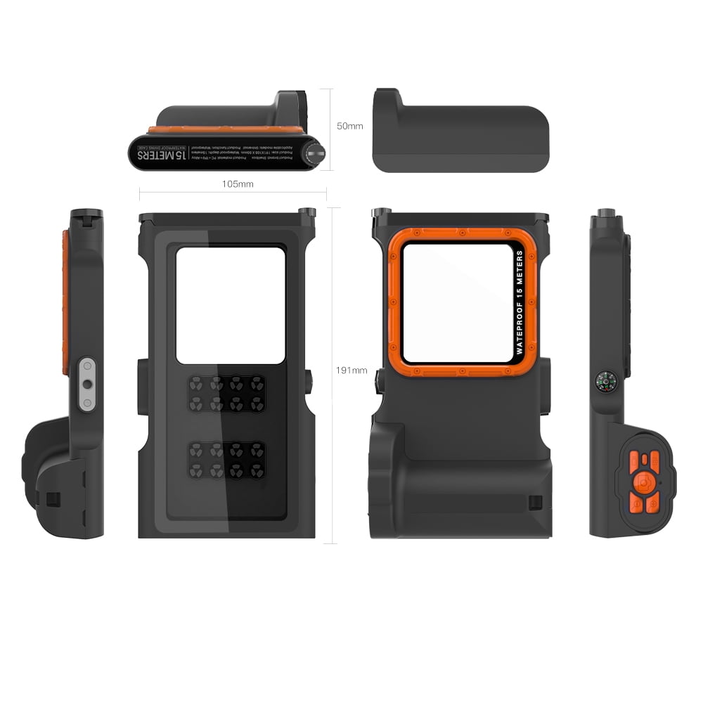 New Updated Extreme Waterproof Underwater Diving, Snorkel Phone Case with Bluetooth Remote Control for All iPhone (Max, Plus, S), Samsung, LG, Google, Android Up to 50Ft, 15M with Lanyard Black&Orange