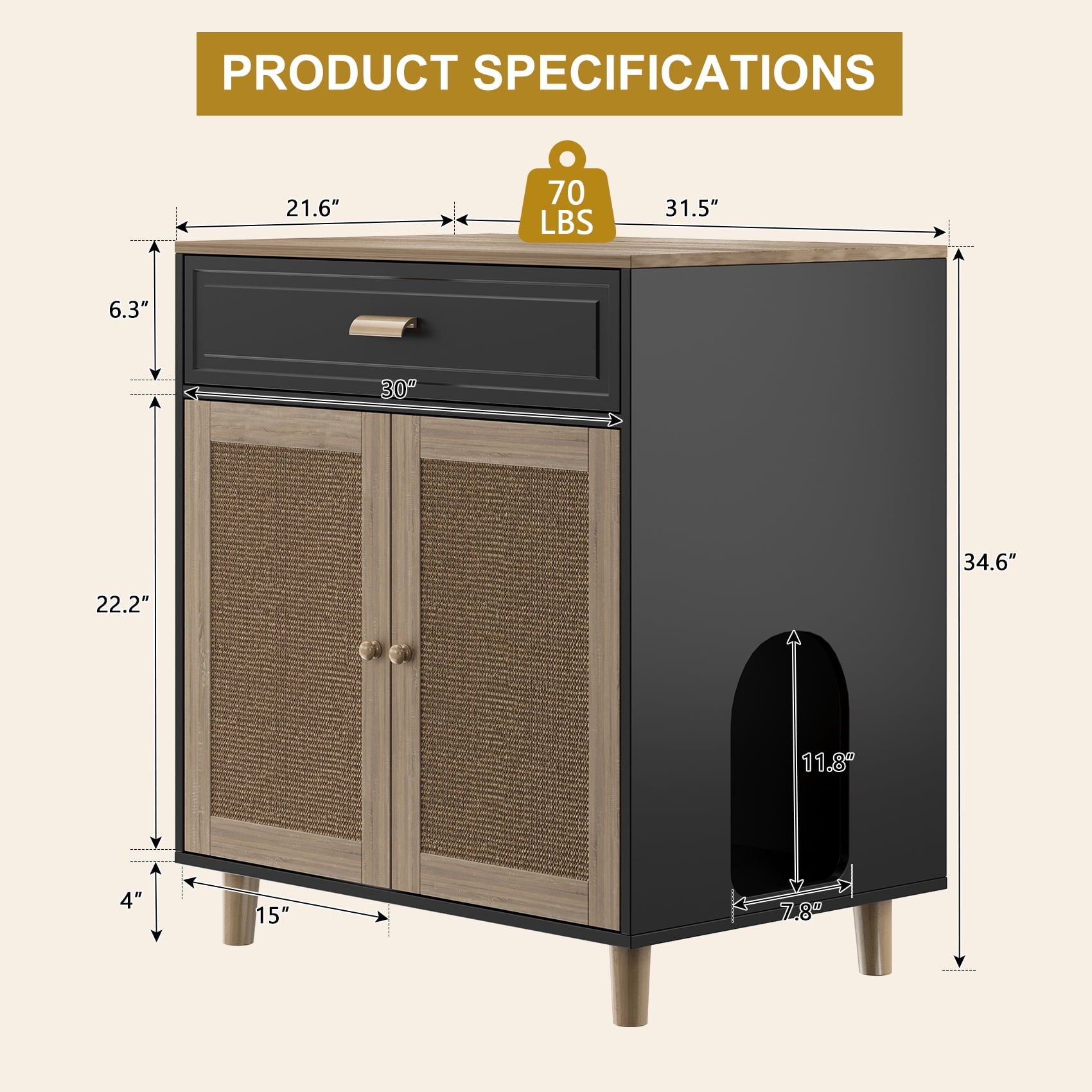 Faceket Large Hidden Indoor 2-in-1 Cat House and Washroom Cabinet Wooden Cat Litter Box Furniture with Scratching Board Doors and Drawer, Black