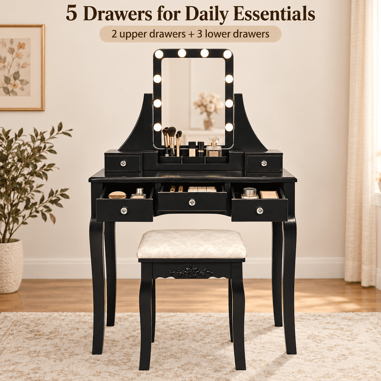 Furnibear Vanity Dressing Table with 10 Dimmable Light Bulbs and Cushioned Stool, Makeup Vanity Desk with 5 Drawers and Rotating Mirror, Black