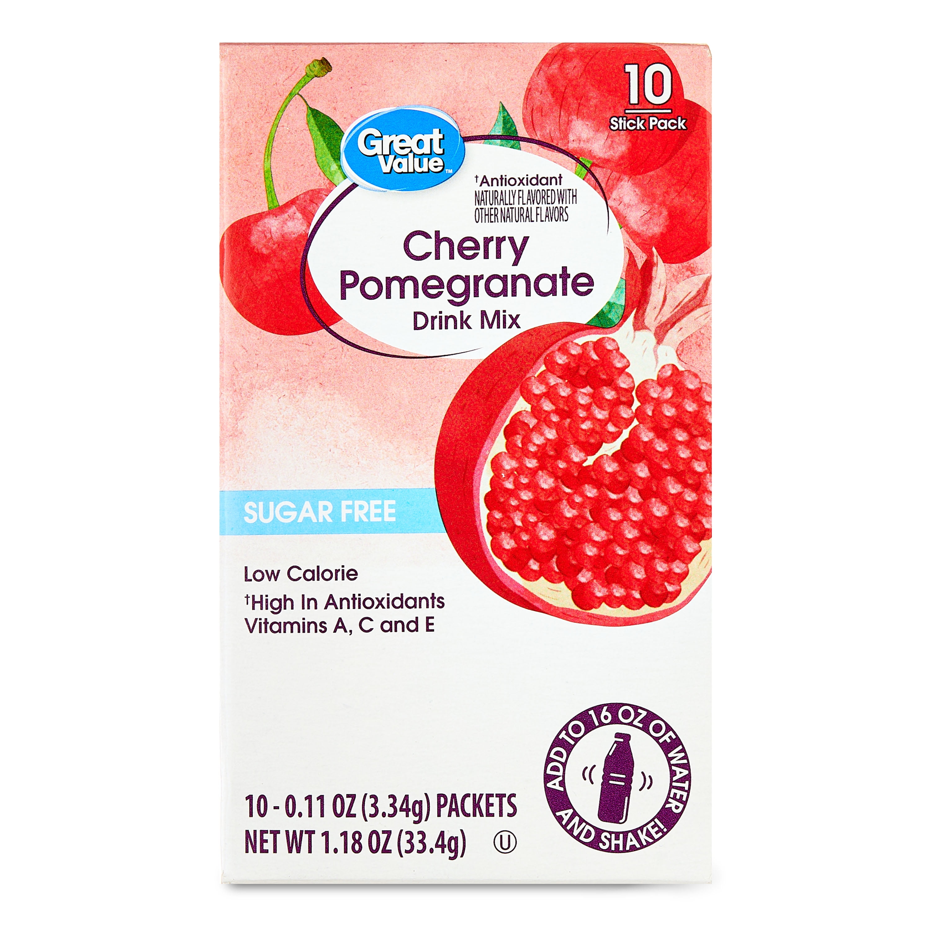 (12 pack) Great Value Sugar-Free Cherry Pomegranate Antioxidant Powdered Drink Mix, 0.11 oz, 10 Count
