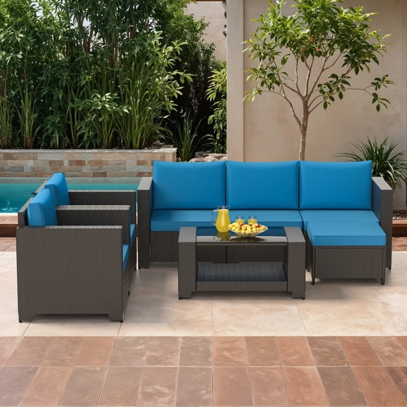 7PCS Patio Furniture Set Outdoor Sectional Sofa with Ottoman Wicker Couch Rattan Modular Seating Conversation Sets Porch Decor for Backyard, Balcony, Garden