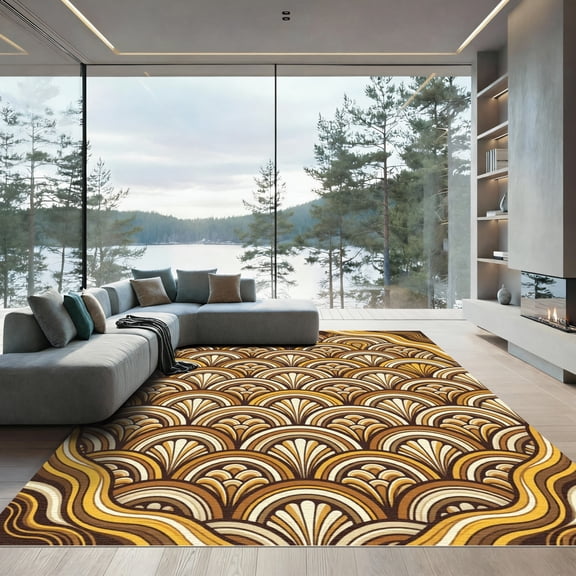 ODIKA 4'x6' Machine Washable Non-Slip Area Rug, 70s Gold High Traffic Rug, Gold, 1255116