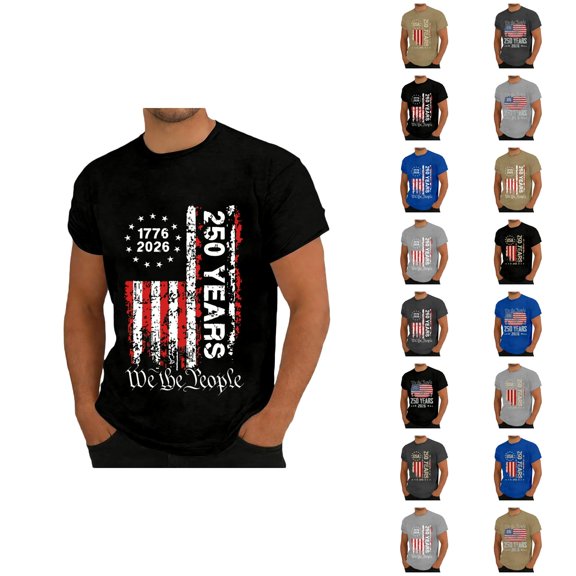 4th of July Shirts for Men 2026 Short Sleeve Crewneck Patriotic Shirt America Flag Printed Independence Day T-Shirts