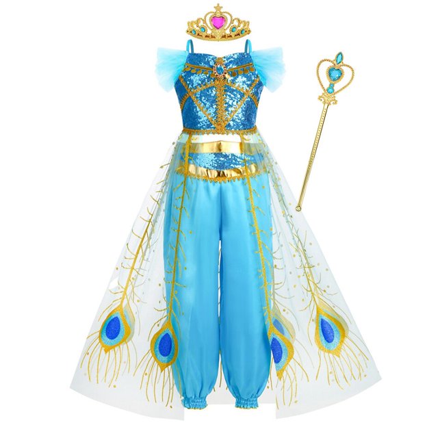 Vestido de princesa para niñas, disfraz de jazmín para niñas, vestido de princesa de Aladino, fiesta de cumpleaños, Cosplay, ropa de carnaval de fantasía 7-8T(140) Gao Jinjia LED