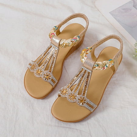 

YODETEY Women s Slides Sandals Summer Slope Heel Sandals Summer Fish Mouth Elastic Sole Bohemian Rhinestone Beach Shoes Gold