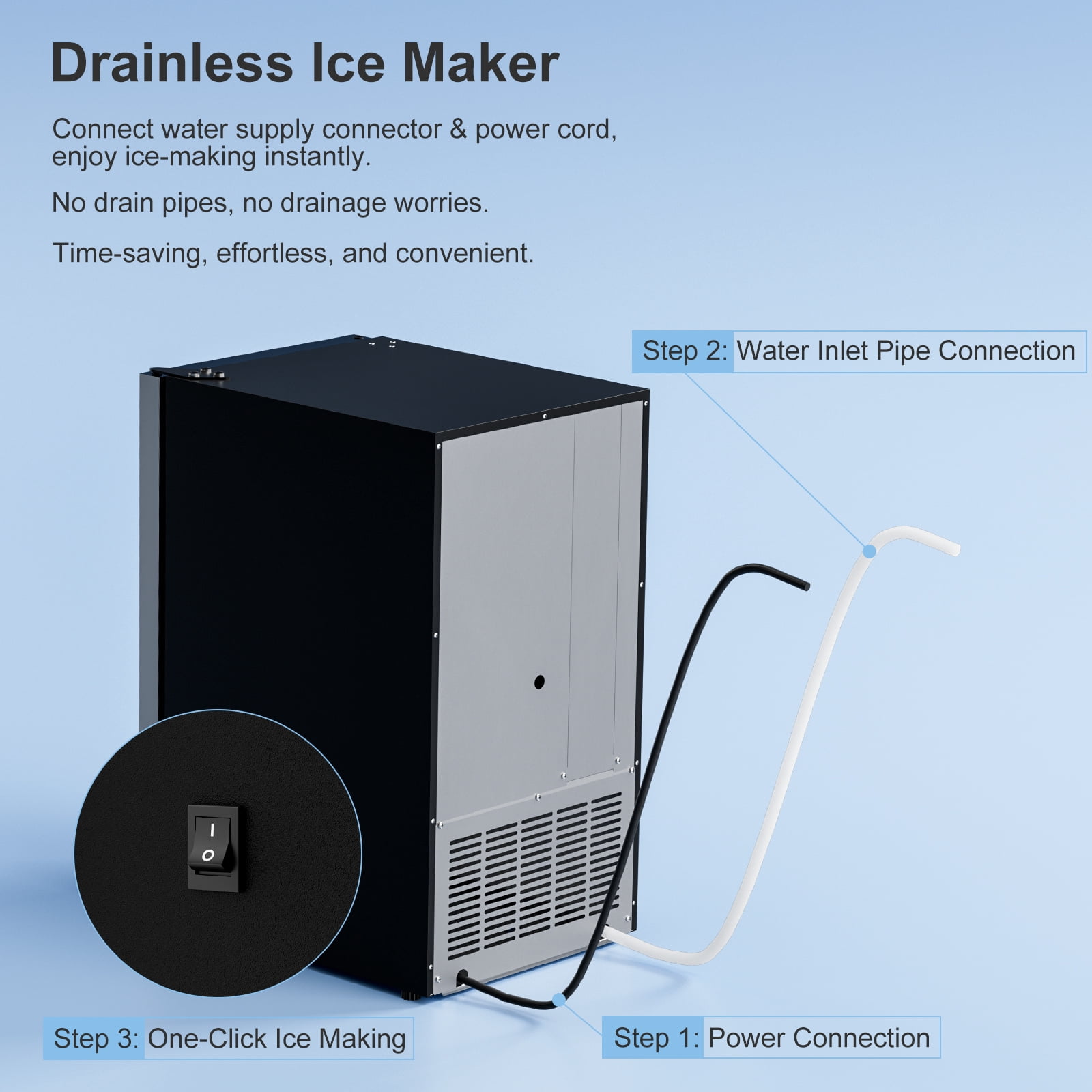 RIOXC Drainless Ice Maker 15" W with 22LBS Storage Bin, Free-Standing Under Counter Ice Maker Cabinet Ready, Crescent Ice for Home, No Drain Required, ETL Approved