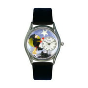 Halloween Flying Witch Black Leather And Silvertone Watch