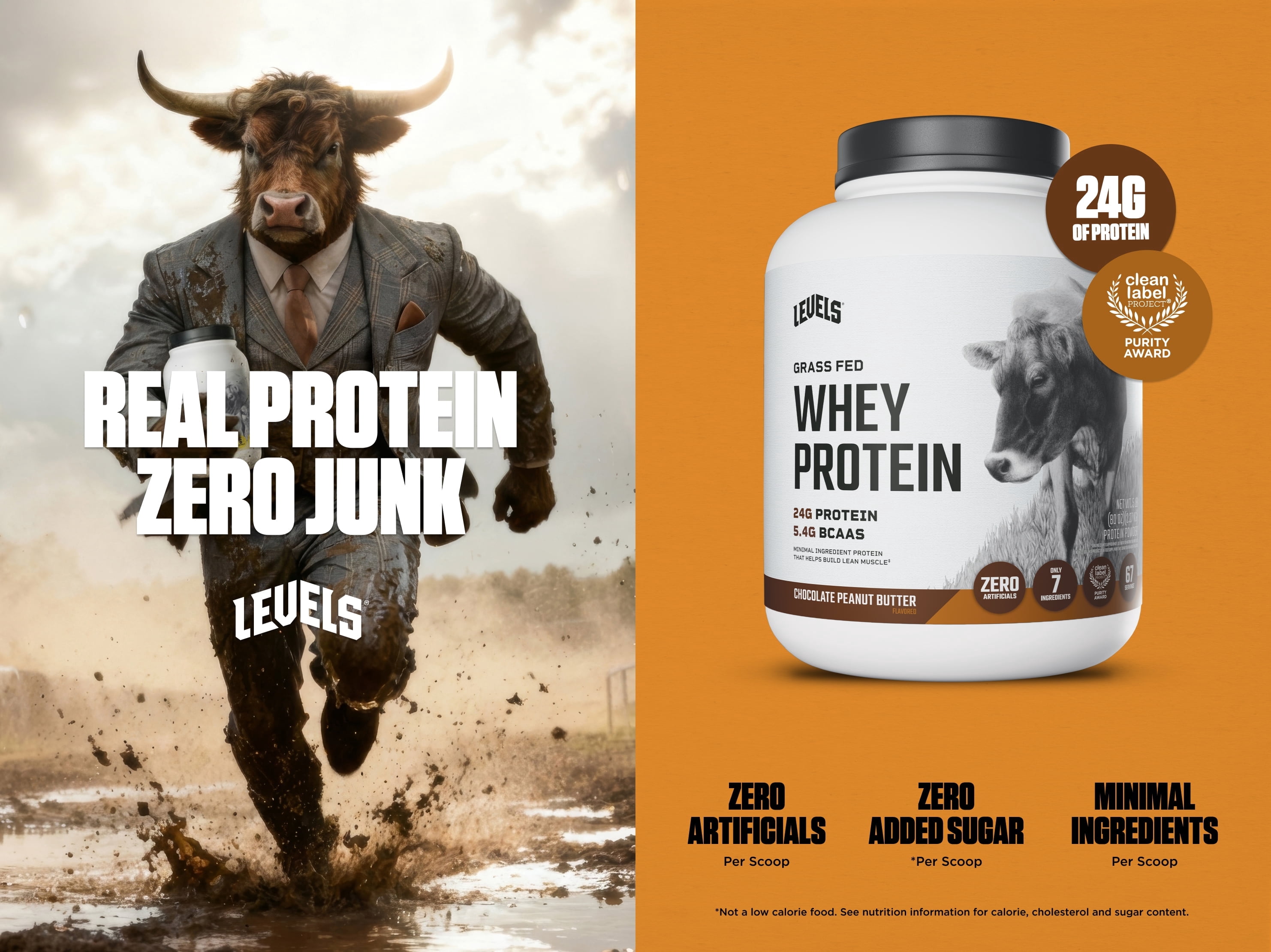 Levels Grass Fed Whey Protein Powder, No Artificials, 24G of Protein, Chocolate Peanut Butter, 5LB