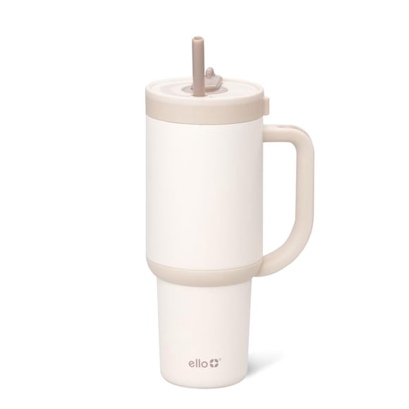 Vaso Ello Oasis con mango y pajita retráctil, 900 ml, crema