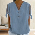 thumbnail image 2 of Shirts for Women Spring Summer V Tie Button Side Sleeve fork T Shirt Short Sleeve Loose Fit Soft Bamboo Hemp Breathable Casual Daily Wear Top L Size Spring Summer Womens Tops, 2 of 5
