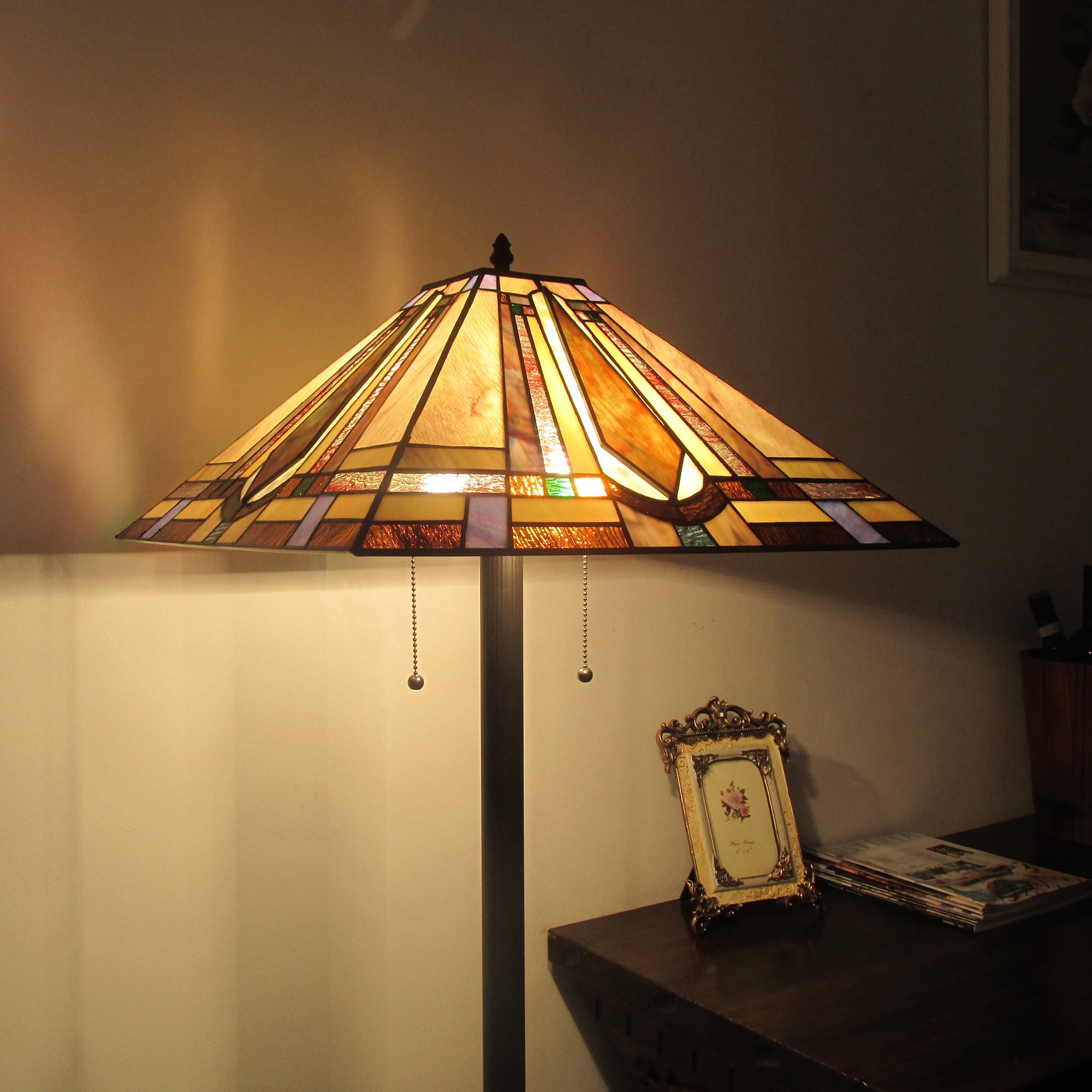 Tiffany Style Floor Lamp 65" Tall Bronze Mission Pattern Stained Glass Shade 16" for Living Room Reading Bedroom Office