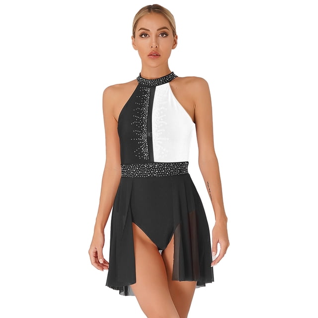 Riismen Robe de Danse Lyrique Pailletée pour Femmes Col Halter Ballet Vêtements de Danse Fluides Patinage Robe Justaucorps 01noir&Blanc TG