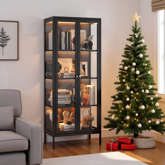 Polup 3 Side Glass Display Cabinet with 3 Color LED Lights and Tempered Glass, Metal 66"Tall Black Display Case